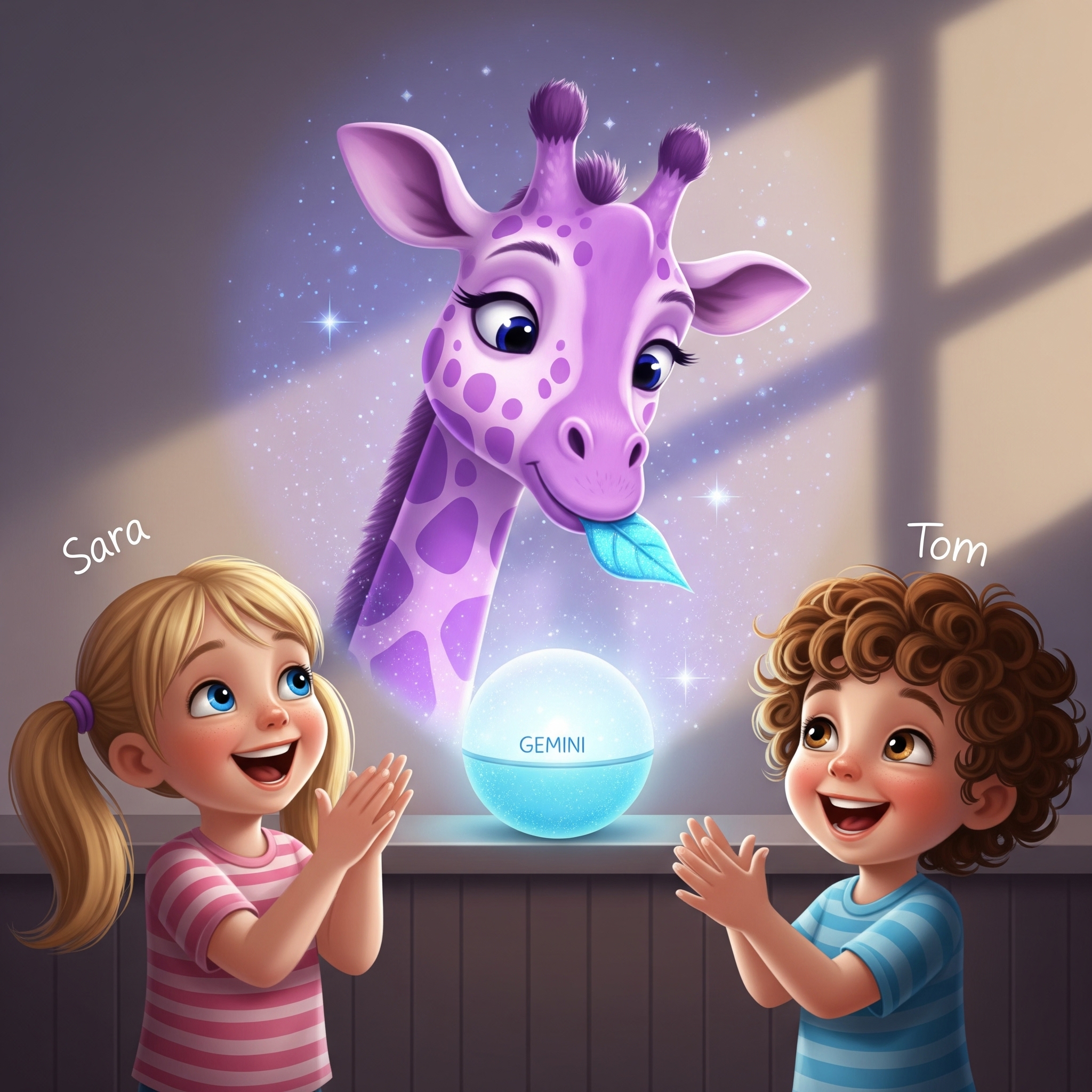 A purple giraffe appears on the wall