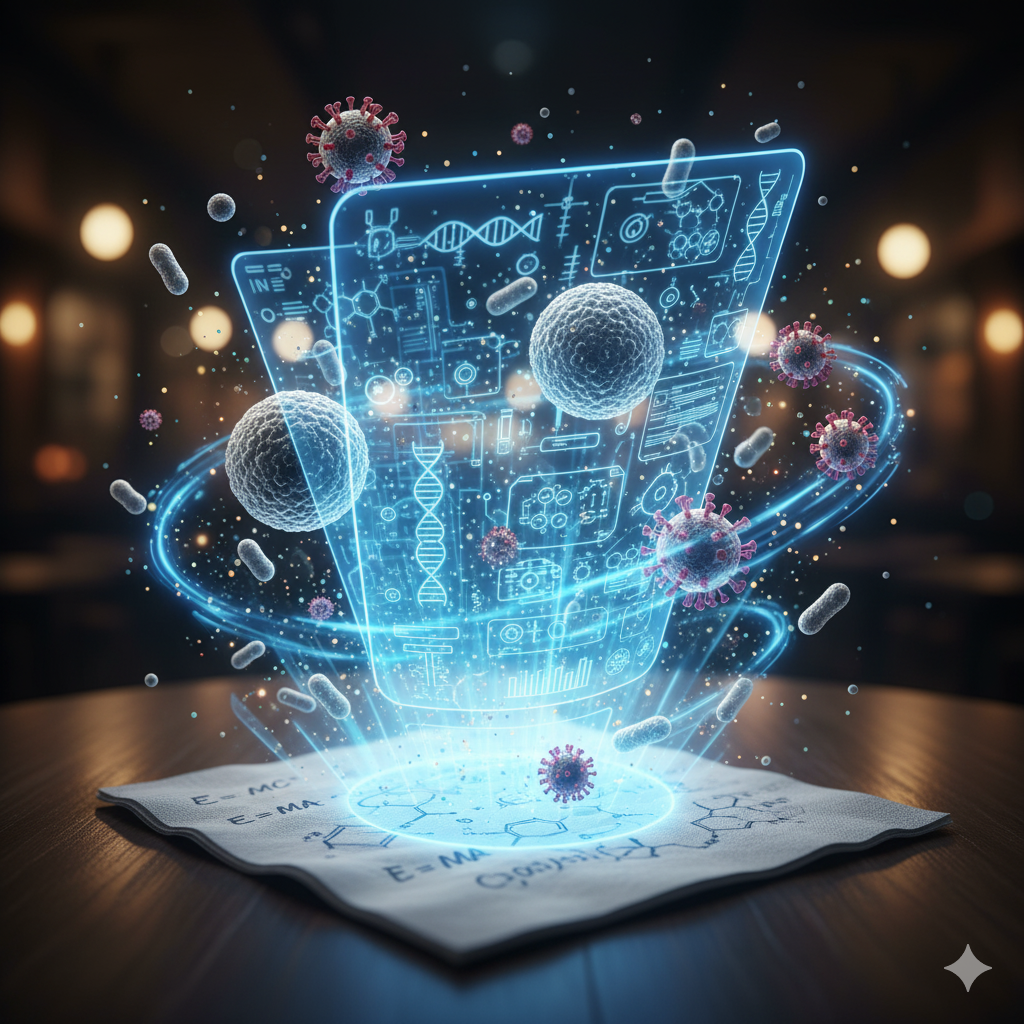 A cartoon napkin with scribbled equations transforming into a glowing blueprint with immune cells dancing around it